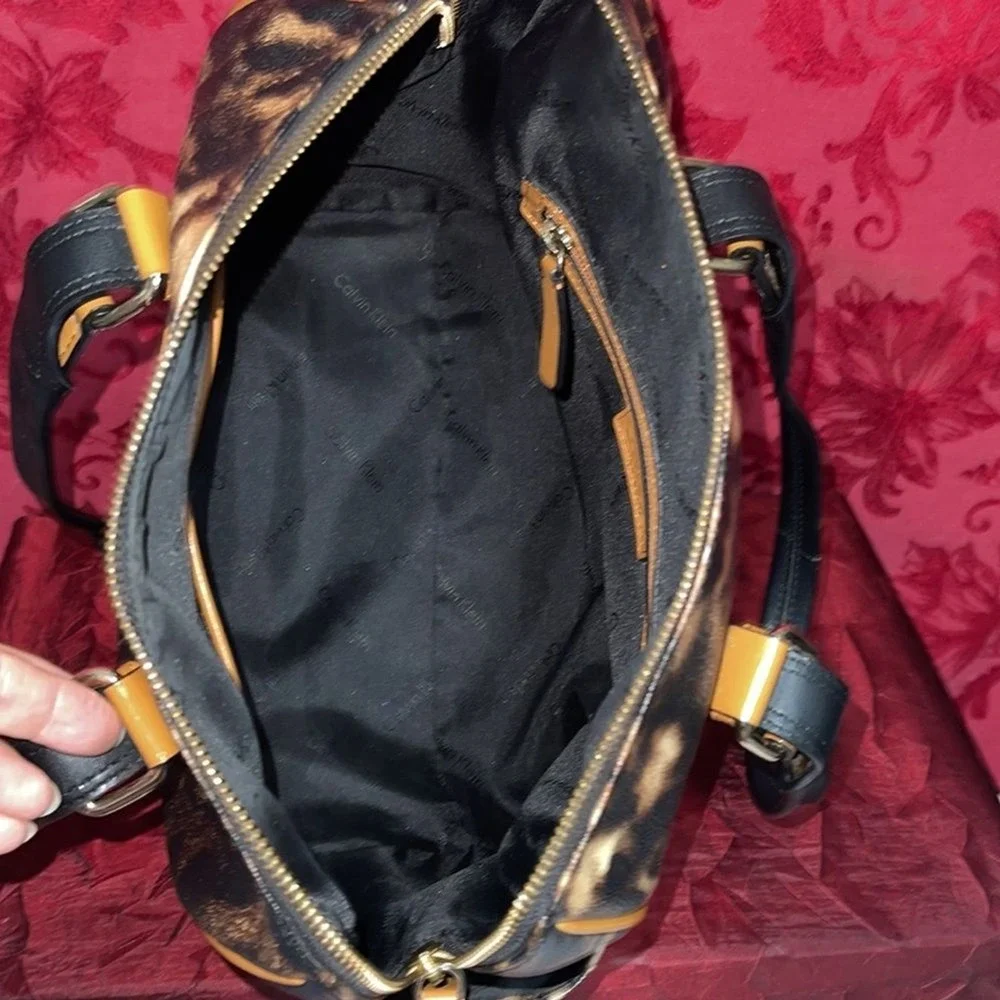 Calvin Klein Leopard Print Satchel Bag Black‎ Patent Trim Gold Hardware Handbag